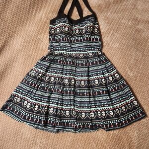 Hell Bunny Black and Blue and Pink Patterned Dress Skulls/Bones/Cross